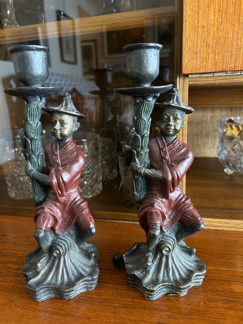 Vintage cast iron Asian Chinoiserie candle holders